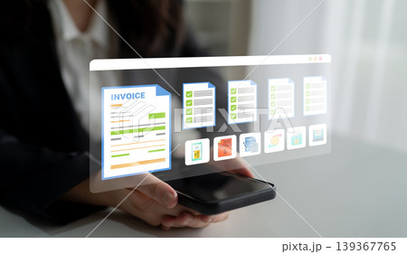 Modern Digital Invoice Management System with Virtual Documents Displayed on a Smartphone for Enhanced Financial Organization and Efficiency Ledger 139367765