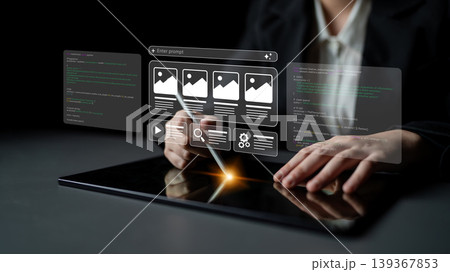 Digital interface design concept showing user interaction with touchscreen device for application development and creative tasks in modern technology environment Ledger Digital interface design concept showing user interaction with touchscreen device for application development and creative tasks in modern technology environment Ledger 139367853