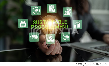 Sustainable Procurement Concept with Lightbulb and Digital Icons Illustrating Environmental Friendly Business Practices and Supply Chain Management Ledger 139367863
