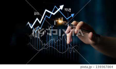 Person Pointing with Pen at Financial Graph Representing Growth and Progress in Business Analytics and Stock Market Trends in Dark Background Scalp Person Pointing with Pen at Financial Graph Representing Growth and Progress in Business Analytics and Stock Market Trends in Dark Background Scalp 139367864