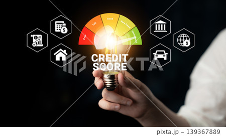 Illuminated Concept of Credit Score with Financial Icons and Light Bulb Symbolizing Awareness and Decision Making in Personal Finance Management Ledger Illuminated Concept of Credit Score with Financial Icons and Light Bulb Symbolizing Awareness and Decision Making in Personal Finance Management Ledger 139367889