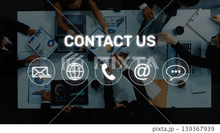 Professional Team Collaboration with Contact Information Icons for Business Communication and Engagement Strategies in Modern Office Environment. Raster 139367939
