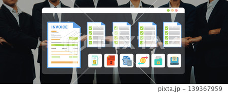 Professional Team Reviewing Financial Documents with Digital Invoice and Task Management Icons for Business Use and Workflow Optimization Ledger 139367959