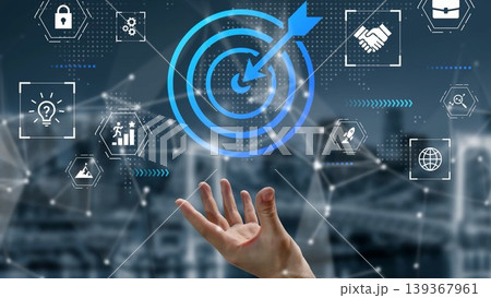 Hand Reaching for Target Icon with Business and Technology Symbols Illustrating Goal Achievement and Strategic Planning in a Digital Environment Gluon 139367961