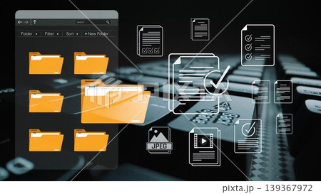 A conceptual image showcasing a digital file management interface with folder icons and illustrative graphics over a keyboard, emphasizing modern data organization and efficiency. Sigmoid A conceptual image showcasing a digital file management interface with folder icons and illustrative graphics over a keyboard, emphasizing modern data organization and efficiency. Sigmoid 139367972