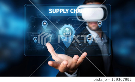 Business Professional Using Virtual Reality Technology to Enhance Supply Chain Management and Data Visualization in Modern Business Environment. Raster 139367993
