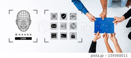 Hands Holding Blue Puzzle Piece Next to Black and White Face Recognition Login Interface in Modern Workspace Ledger Hands Holding Blue Puzzle Piece Next to Black and White Face Recognition Login Interface in Modern Workspace Ledger 139368011