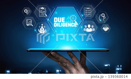 A hand holds a modern tablet displaying glowing icons related to due diligence in a business context, set against a city skyline at night. Ideal for financial and corporate themes. Sigmoid A hand holds a modern tablet displaying glowing icons related to due diligence in a business context, set against a city skyline at night. Ideal for financial and corporate themes. Sigmoid 139368014