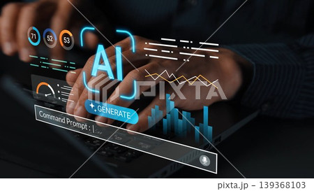 Futuristic Interface Featuring AI Technology and Data Visualization with Hands Typing on Laptop Keyboard in Dark Set Up, Ideal for Digital Innovation Concepts Gluon 139368103