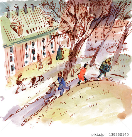 Watercolor Painting of European Town Park Scene Watercolor Painting of European Town Park Scene 139368140