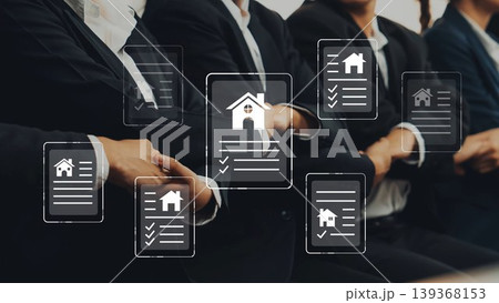 Abstract image of business professionals sitting together with digital house documents and checklists to represent real estate transactions and property management concepts. Gluon Abstract image of business professionals sitting together with digital house documents and checklists to represent real estate transactions and property management concepts. Gluon 139368153