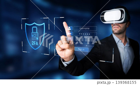 Man in Virtual Reality Glasses Interacting with Digital Security Interface and Two-Factor Authentication Screen in a Futuristic Setting. Raster 139368155