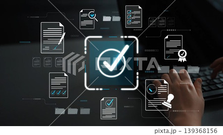Modern digital verification concept showcasing checkmarks, document icons, and a person interacting with a device, emphasizing efficiency and business success in a workspace. Sigmoid Modern digital verification concept showcasing checkmarks, document icons, and a person interacting with a device, emphasizing efficiency and business success in a workspace. Sigmoid 139368156