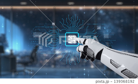 Futuristic robotic hand interacting with holographic microchip technology in an advanced digital workspace environment. Auvana 139368192