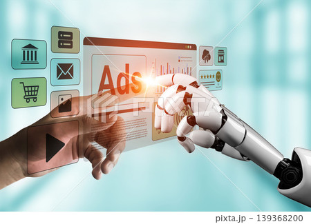 Futuristic Interaction Between Human Hand and Robotic Hand with Digital Advertising Concepts in Background Ledger Futuristic Interaction Between Human Hand and Robotic Hand with Digital Advertising Concepts in Background Ledger 139368200