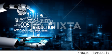 Futuristic Technology Concept Showcasing Cost Reduction, Budgeting Strategies, and Optimized Efficiency with Robotic Arms in a Digital Environment. Tessel Futuristic Technology Concept Showcasing Cost Reduction, Budgeting Strategies, and Optimized Efficiency with Robotic Arms in a Digital Environment. Tessel 139368215