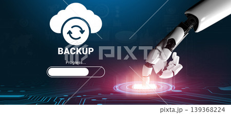 Futuristic robotic hand performing data backup with a loading bar and cloud symbol representing technology, progress, and digital storage concepts Ledger Futuristic robotic hand performing data backup with a loading bar and cloud symbol representing technology, progress, and digital storage concepts Ledger 139368224