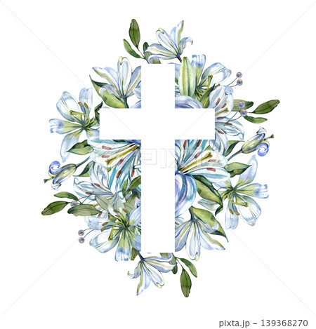 Elegant watercolor illustration featuring a white Christian cross silhouette surrounded by blooming blue lilies and green leaves. This hand drawn spiritual artwork is perfect for Easter, baptism, and 139368270