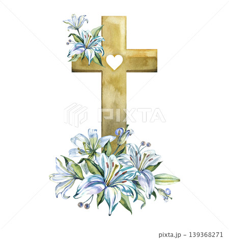 Elegant watercolor illustration featuring a golden Christian cross decorated with blooming blue lilies and a heart symbol. This hand drawn spiritual artwork is perfect for Easter, baptism, and wedding 139368271