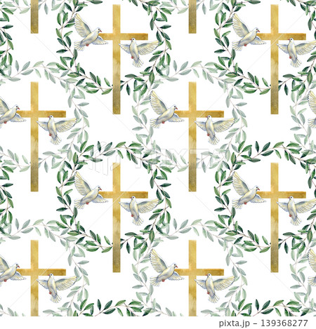 Watercolor hand drawn seamless pattern with golden Christian crosses, white flying doves, and green olive leaf wreaths. A religious spiritual ornament representing peace, faith, and the Holy Spirit. 139368277