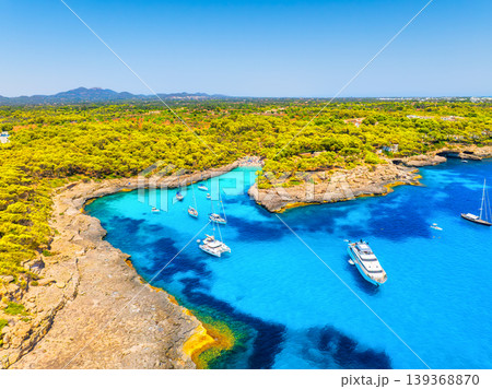 Aerial view of Cala Mondrago bay, Balearic islands, Mallorca, Spain. Aerial view of Cala Mondrago bay, Balearic islands, Mallorca, Spain. 139368870