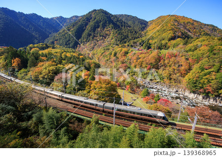 紅葉真っ盛りの木曽路の名所・寝覚の床で中央本線の特急列車を見下ろす 139368965