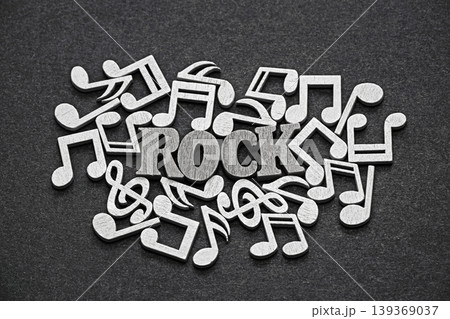Inscription rock with black and white musical notes on black background Inscription rock with black and white musical notes on black background 139369037