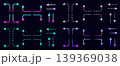Neon dotted and line arrow set, various vector gradient luminescent outline navigation signs. Linear hologram symbols of up, down, right and left direction. Forward, backward, straight, sideways paths 139369038
