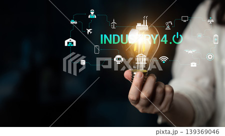 Innovative Concept of Industry 4.0 with Light Bulb Symbolizing Ideas and Technology in Modern Industrial Environment Haptic 139369046