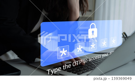 Woman Typing One-Time Password on Laptop to Access Secure Account with Digital Lock Overlay and Privacy Concerns in Modern Workspace Gantry Woman Typing One-Time Password on Laptop to Access Secure Account with Digital Lock Overlay and Privacy Concerns in Modern Workspace Gantry 139369049