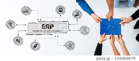 Team Collaboration on ERP System Implementation with Hands Joining Around Puzzle Piece and Icons Representing Different Business Functions Trope 139369074