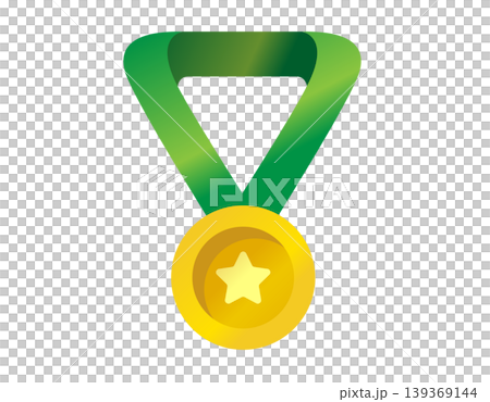 Golden medal with green ribbon and star symbol for achievement and success Golden medal with green ribbon and star symbol for achievement and success 139369144