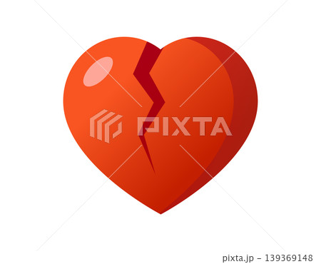 A vibrant red heart symbol icon is broken in half with a jagged crack down the middle A vibrant red heart symbol icon is broken in half with a jagged crack down the middle 139369148