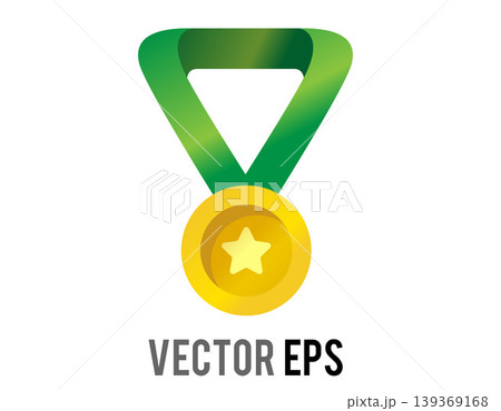 Golden medal with green ribbon and star symbol for achievement and success 139369168