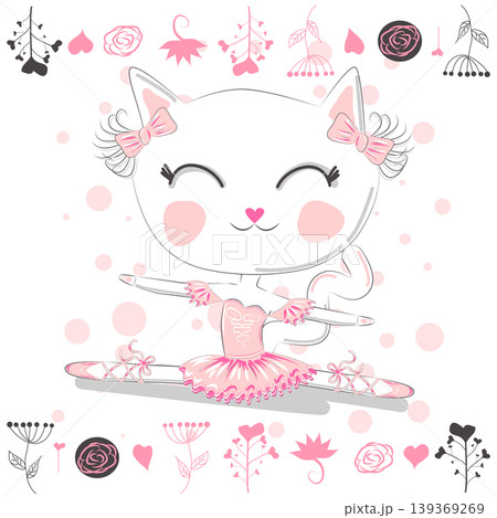 Hand drawn beautiful, lovely, little ballerina with cat. 139369269