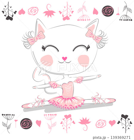 Cute dancing cat ballerina in tutu. Cartoon hand drawn. Cute dancing cat ballerina in tutu. Cartoon hand drawn. 139369271