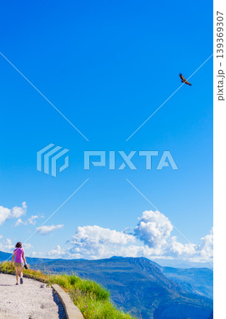 Tourist with camera observe vulture bird in flight, canyon Gorges du Verdon, Provence in France Tourist with camera observe vulture bird in flight, canyon Gorges du Verdon, Provence in France 139369307