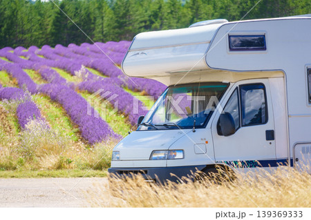 Caravan camping on nature next to lavender field, Provence France 139369333