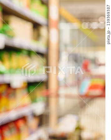 Blurred background with aisles and shelves in supermarket 139369387