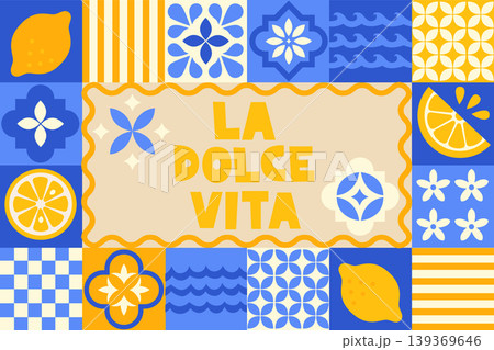Italian ceramic tile design. Mediterranean porcelain pottery in blue, white, yellow colors. Geometric ethnic ornament. Traditional mediterranean style. Vector illustration for web, banner,flyer,print 139369646