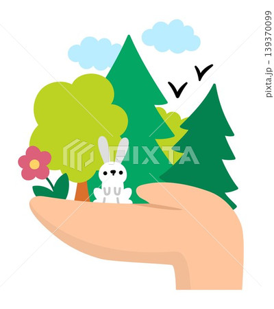 Vector hand holding trees, flower, rabbit. Ecological forest, nature and animal preservation, planting a seed or tree concept. Deforestation and woods protection illustration. Earth day icon Vector hand holding trees, flower, rabbit. Ecological forest, nature and animal preservation, planting a seed or tree concept. Deforestation and woods protection illustration. Earth day icon 139370099