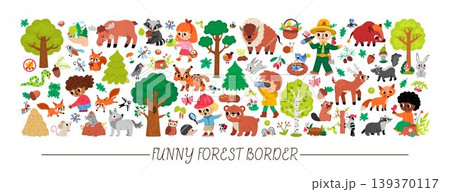 Forest animals horizontal set for kids. Vector woodland birds, insects, trees, plants collection. Cartoon woods wildlife card template. Cute bear, fox, deer, squirrel, ranger clipart, illustration Forest animals horizontal set for kids. Vector woodland birds, insects, trees, plants collection. Cartoon woods wildlife card template. Cute bear, fox, deer, squirrel, ranger clipart, illustration 139370117