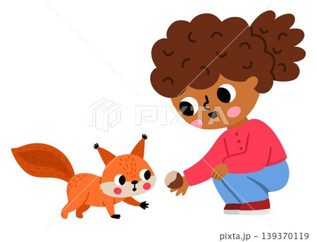 Vector cartoon girl crouching and feeding squirrel with nut or chestnut from palm of her hand. Cute kid in the forest isolated on white background. Funny child clipart. Little scientist, naturalist Vector cartoon girl crouching and feeding squirrel with nut or chestnut from palm of her hand. Cute kid in the forest isolated on white background. Funny child clipart. Little scientist, naturalist 139370119