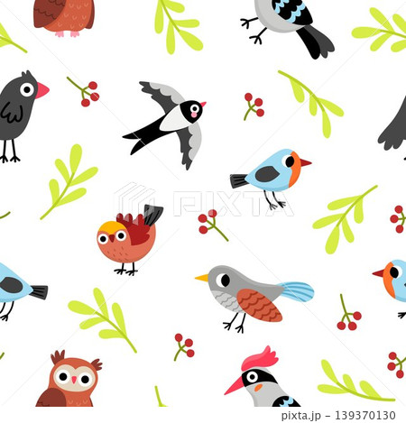 Forest birds seamless pattern for kids. Vector woodland repeat background with animals, twigs, berries. Cute owl, swallow, robin, finch, cuckoo, crow, woodpecker digital paper. Woods wildlife texture Forest birds seamless pattern for kids. Vector woodland repeat background with animals, twigs, berries. Cute owl, swallow, robin, finch, cuckoo, crow, woodpecker digital paper. Woods wildlife texture 139370130