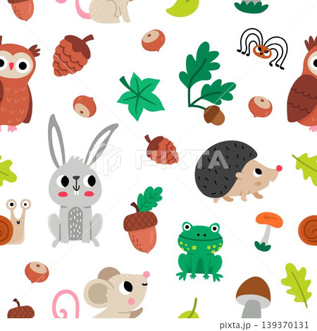 Forest animals seamless pattern for kids. Vector woodland repeat background with birds, insects, plants. Cute mouse, owl, hedgehog, rabbit, acorn digital paper. Woods wildlife texture, illustration Forest animals seamless pattern for kids. Vector woodland repeat background with birds, insects, plants. Cute mouse, owl, hedgehog, rabbit, acorn digital paper. Woods wildlife texture, illustration 139370131