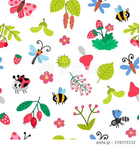 Forest or garden insects and plants seamless pattern for kids. Vector woodland repeat background with bumble bee, dragonfly, berries, mosquito, butterfly. Cute digital paper. Woods wildlife texture Forest or garden insects and plants seamless pattern for kids. Vector woodland repeat background with bumble bee, dragonfly, berries, mosquito, butterfly. Cute digital paper. Woods wildlife texture 139370132