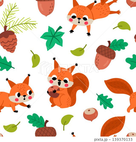 Squirrels seamless pattern for kids. Vector woodland repeat background with forest animals, acorns, nuts, leaves, cones. Cute digital paper with sunny character. Woods wildlife texture, illustration Squirrels seamless pattern for kids. Vector woodland repeat background with forest animals, acorns, nuts, leaves, cones. Cute digital paper with sunny character. Woods wildlife texture, illustration 139370133