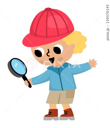 Vector cartoon boy standing surprised with looking glass. Cute kid explorer isolated on white background. Funny child with magnifying glass clipart. Little scientist, naturalist icon Vector cartoon boy standing surprised with looking glass. Cute kid explorer isolated on white background. Funny child with magnifying glass clipart. Little scientist, naturalist icon 139370145
