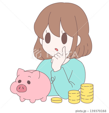 貯金について考える女性とブタの貯金箱・お金のイメージイラスト 貯金について考える女性とブタの貯金箱・お金のイメージイラスト 139370168
