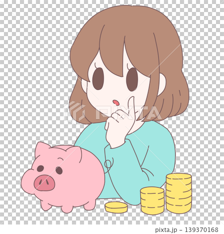 貯金について考える女性とブタの貯金箱・お金のイメージイラスト 貯金について考える女性とブタの貯金箱・お金のイメージイラスト 139370168